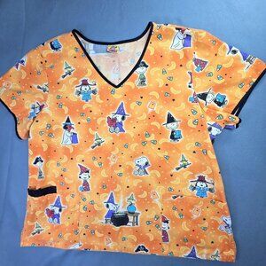Peanuts Halloween Scrub Top Womens 2XL Snoopy Charlie Brown Witch Nurse Shirt
